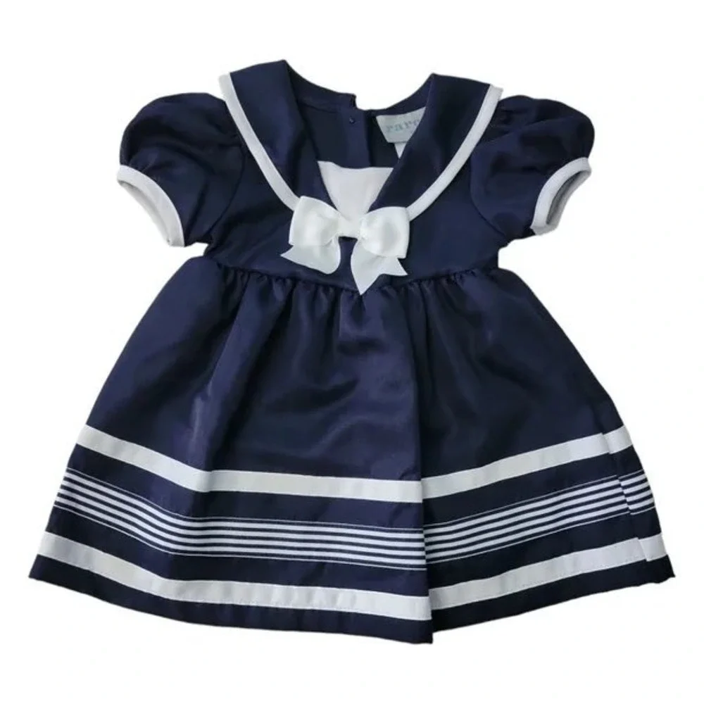 (B6) Rare Editions Navy Blue Sailor Dress Bow Nautical Toddler Girls‎ Size 3T
